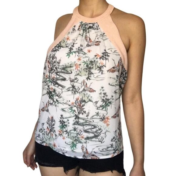 H&M Asian Garden Crane Bird Print Halter T-back Blouse SZ 6 - Picture 2 of 12
